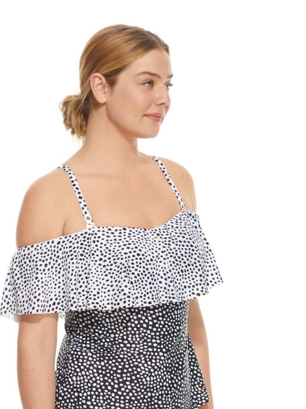 🤍🖤24th & Ocean 22W Off-Shoulder Ruffle Polka Dot Swim Tankini- Top Only